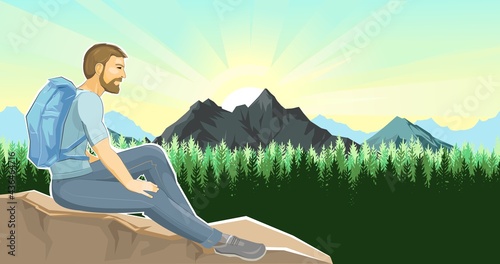 A man sits on a cliff. Stone rock. The climber is resting at the height. A hiker with a backpack admires the view, sun. Adventure over the horizon. Nature, landscape. Flat style. Illustration vector