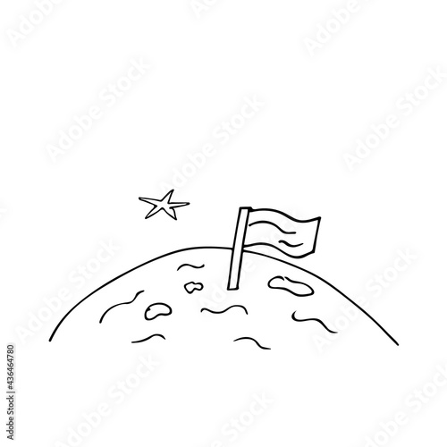 Hand-drawn flag of the planet with craters. Moon colonization symbol. Starry landscape. Doodle style, simple minimalist drawing. Fantasy cosmic sketch, line art.Isolated.Vector illustration
