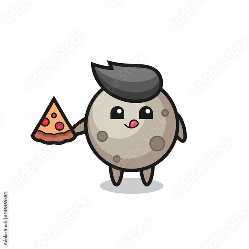 cute moon cartoon eating pizza