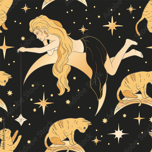 Celestial blonde beautiful woman and moon esoteric golden seamless pattern. Boho astronomy astrology lunar magic background.