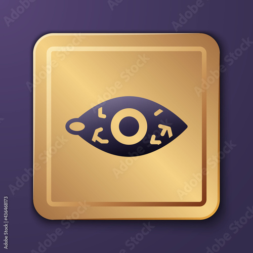 Purple Reddish eye due to viral, bacterial or allergic conjunctivitis icon isolated on purple background. Gold square button. Vector