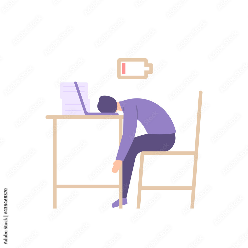 Fototapeta premium illustration of a worker or employee who falls asleep while working. fatigue, weakness, running out of energy, overwork, working overtime, tired. the effect of chasing deadlines. flat style. vector