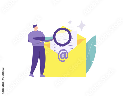 letter scanning concept, protection from fraudulent or scam messages. illustration of people checking email using a magnifying glass, to find out a message is safe or not. flat style. vector design
