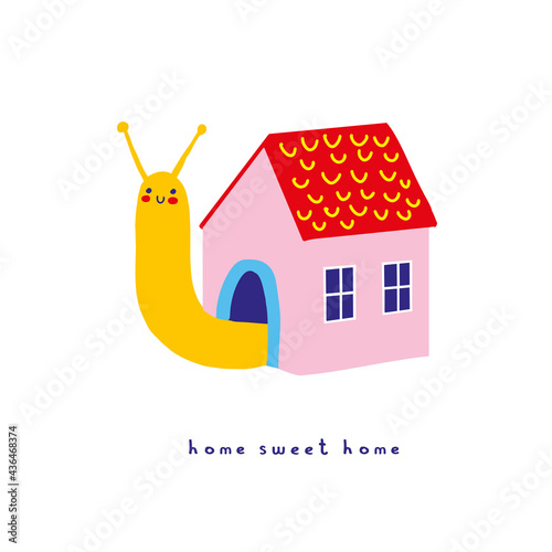 Home Sweet Home. Abstract Vector Art with Funny Snail. Cute Hand Drawn Snail with Pink House Isolated on a White Background. Lovely Nursery Art ideal for Wall Art, Card, Kids Room Decoration.