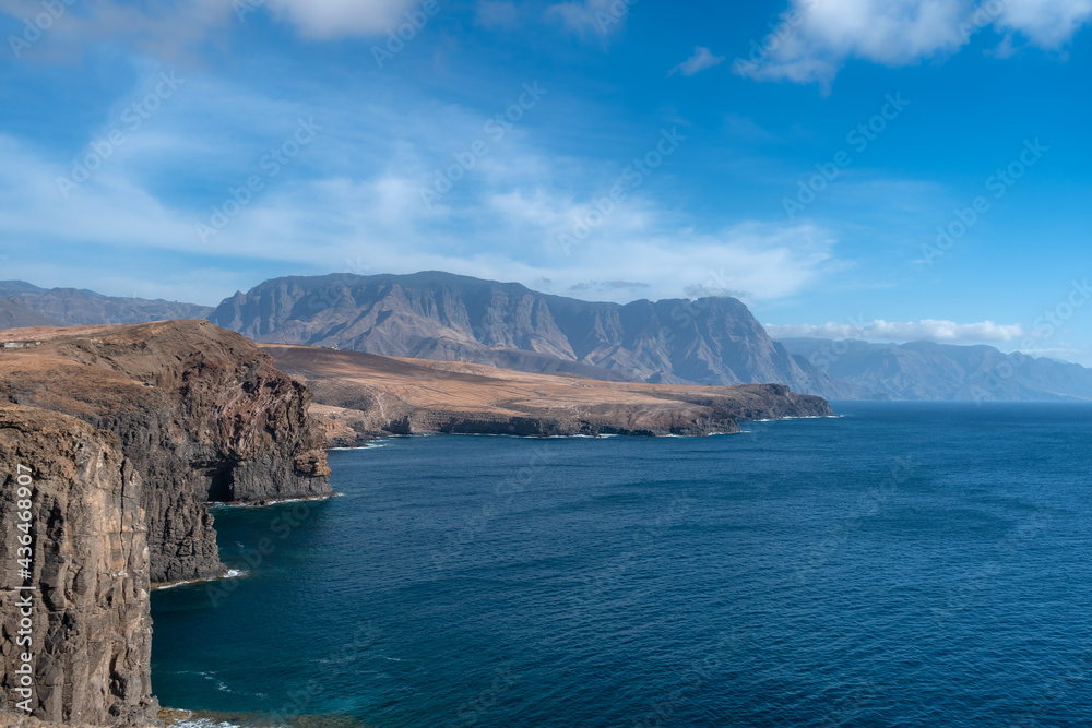 Seascape. view of the Tamadaba mountains from the Galdar cliffs. Gran Canaria. Canary Islands
