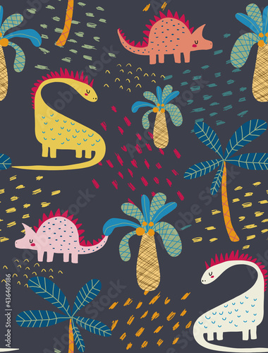 Cute Seamless Vector Pattern with Dreamy Dinosaurs, Spots and Coco Palms Isolated on a Dark Blue Background. Simple Nursery Art for Kids. Print with Funny Dino ideal for Fabric,Textile,Wrapping Paper.