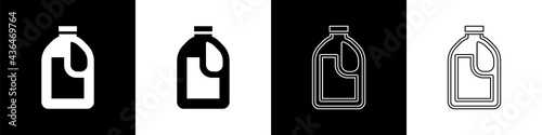 Set Plastic bottle for laundry detergent, bleach, dishwashing liquid or another cleaning agent icon isolated on black and white background. Vector