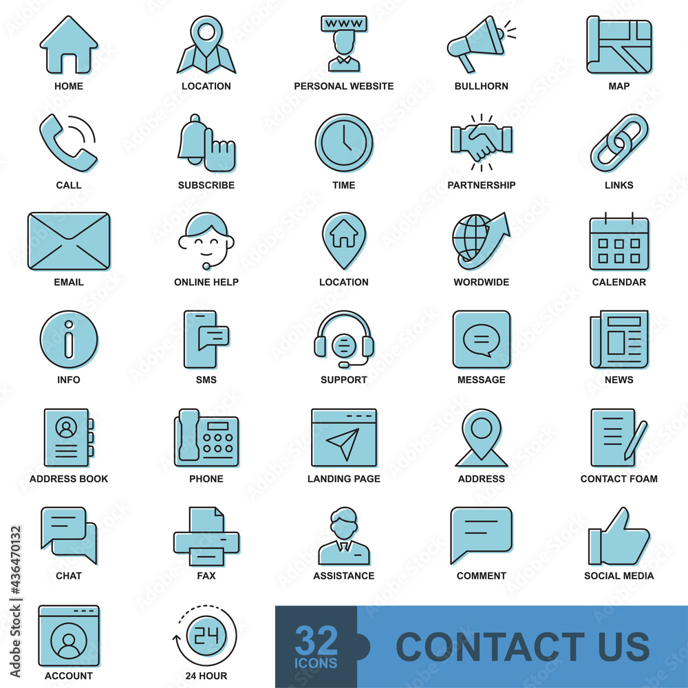 Contact us minimal thin line, solid, glyph, color, web icon set. Outline icons collection. Simple vector illustration. Contact us minimal thin line, solid, glyph, color, web icon set. Outline icons collection. Simple vector illustration.