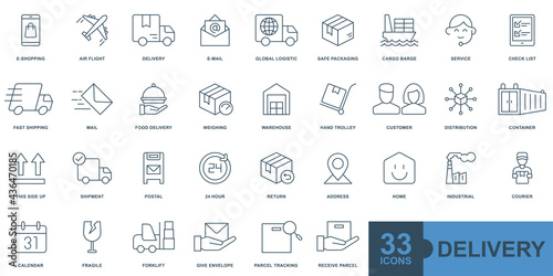 Delivery, shipping, logistics minimal thin line, solid, glyph, color, filled web icon set. Outline icons collection. Simple vector illustration.