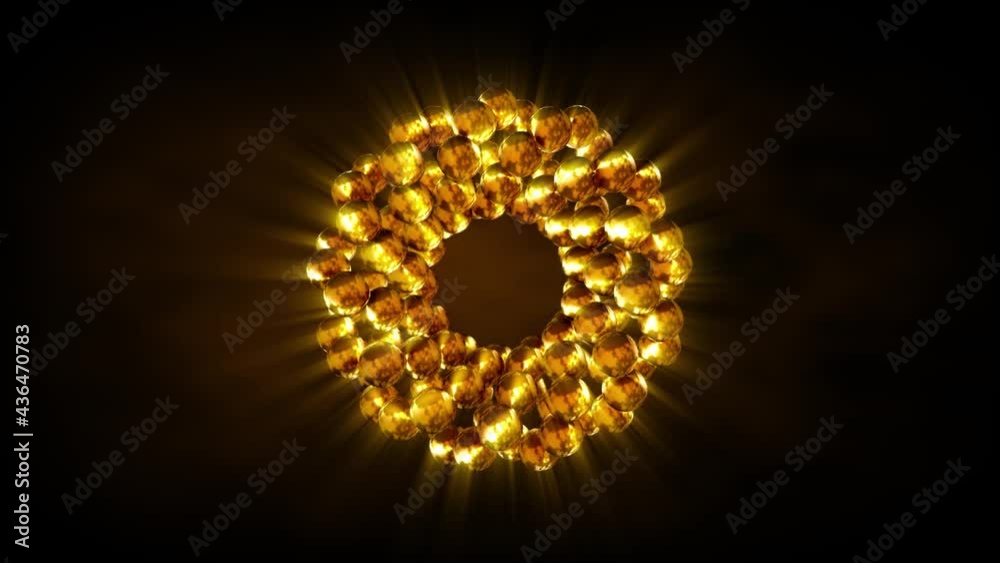Abstract background 3D animation shiny futuristic spheric gold object transforms and rotates glittering in space loop.