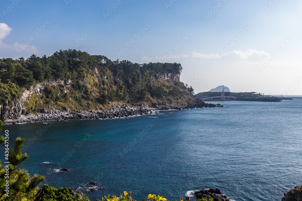 The scenery of Jeju Island with blue sea and sky