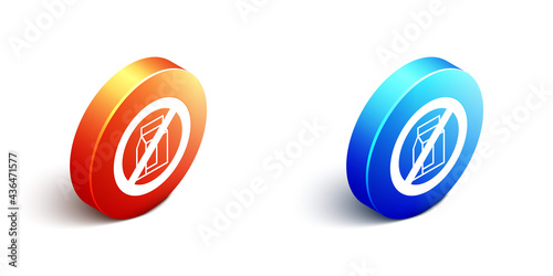 Isometric No pack of milk icon isolated Isometric background. Not allow milk. Allergy concept, lactose intolerance allergy warning sign. Orange and blue circle button. Vector