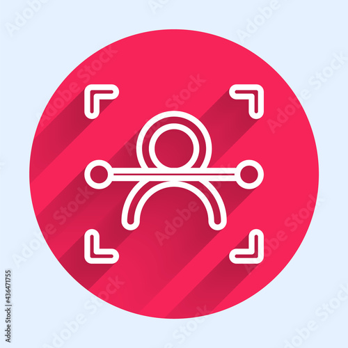 White line Face recognition icon isolated with long shadow. Face identification scanner icon. Facial id. Cyber security concept. Red circle button. Vector