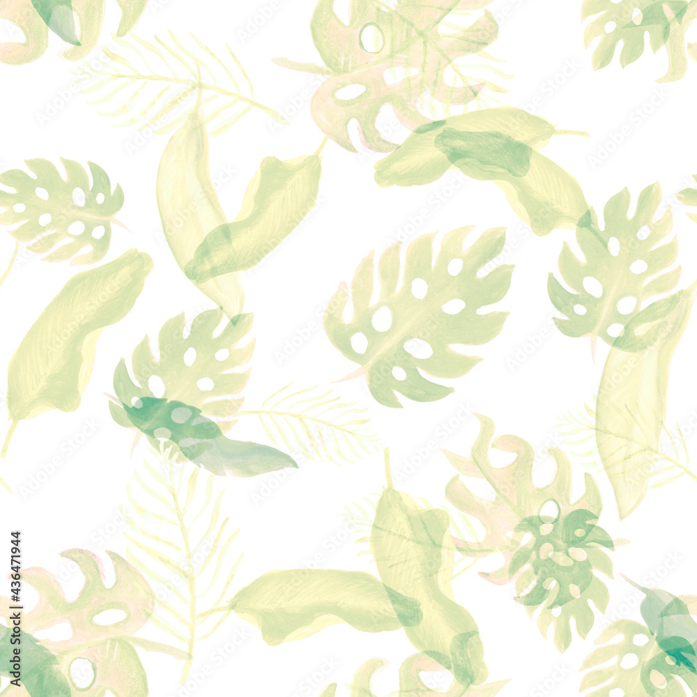 Fototapeta premium Brown Monstera Pattern Illustration. Gray Seamless Painting. Watercolor Illustration. Tropical Wallpaper. Floral Textile. Summer Garden. Botanical Wallpaper. Art Painting.