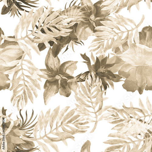 Gray Watercolor Palm. Brown Flower Print. Seamless Print. Pattern Foliage. Tropical Decor. Isolated Garden. Fashion Backdrop. Botanical Textile.