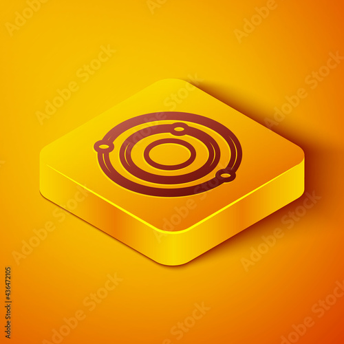 Isometric line Solar system icon isolated on orange background. The planets revolve around the star. Yellow square button. Vector