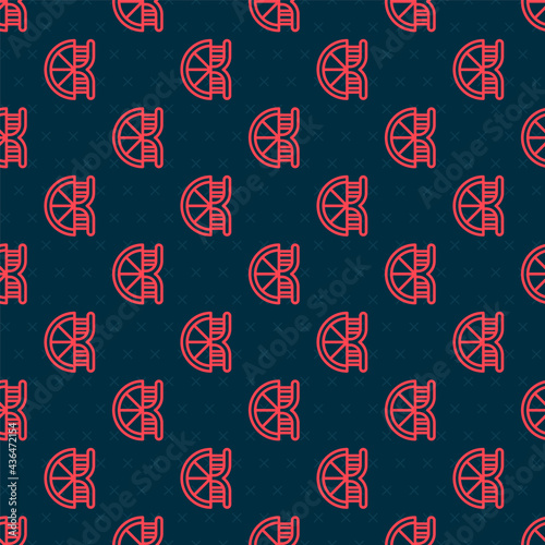 Red line Genetically modified citrus fruit icon isolated seamless pattern on black background. Orange in a cut. Healthy lifestyle. GMO fruit. Vector