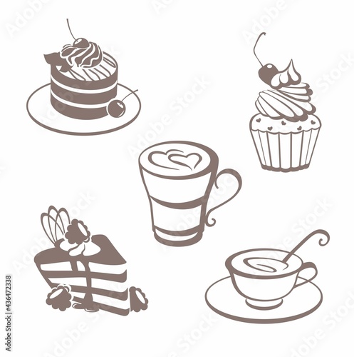 Cake coffee dessert breakfast vector sticker banner print isolated logo