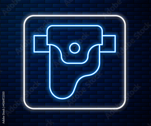 Glowing neon line Gun in holster, firearms icon isolated on brick wall background. Vector