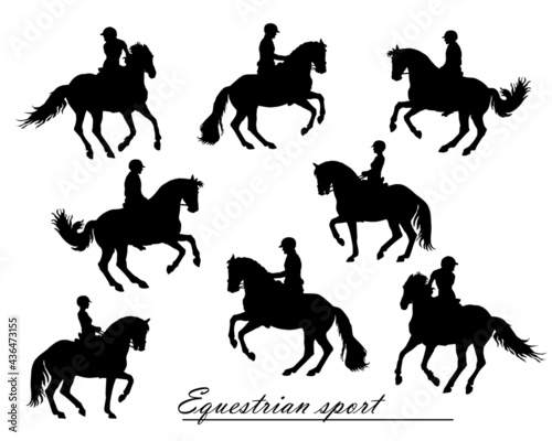 set, isolated realistic black silhouettes  riders on a white background