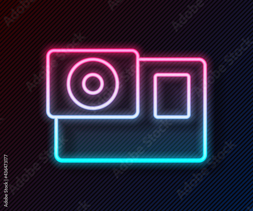 Glowing neon line Action extreme camera icon isolated on black background. Video camera equipment for filming extreme sports. Vector