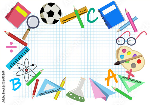 Welcome back to school background with student accessories on blue line graph paper with copy space for banner