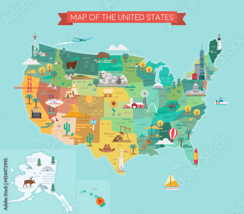 USA tourist map with famous landmarks and state names.