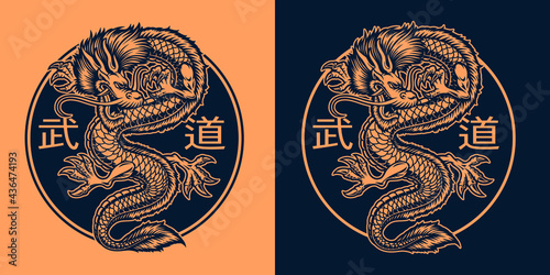 A black and white illustration of an Asian dragon, this design can be used as shirt print, translation of Japanese characters in the file layer 