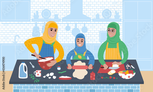 Three generations of women cooking together. Domestic family time.