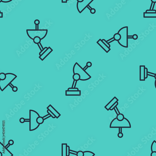 Black line Radar icon isolated seamless pattern on green background. Search system. Satellite sign. Vector