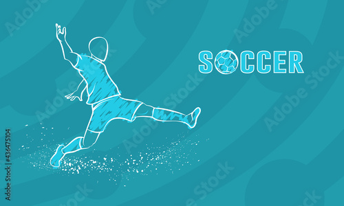 Soccer player with the ball on blue background. White linear sketch for football competition banner.