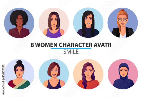 Set of different smiling people avatars and portraits, Happy women Profile, positive emotion Premium Vector