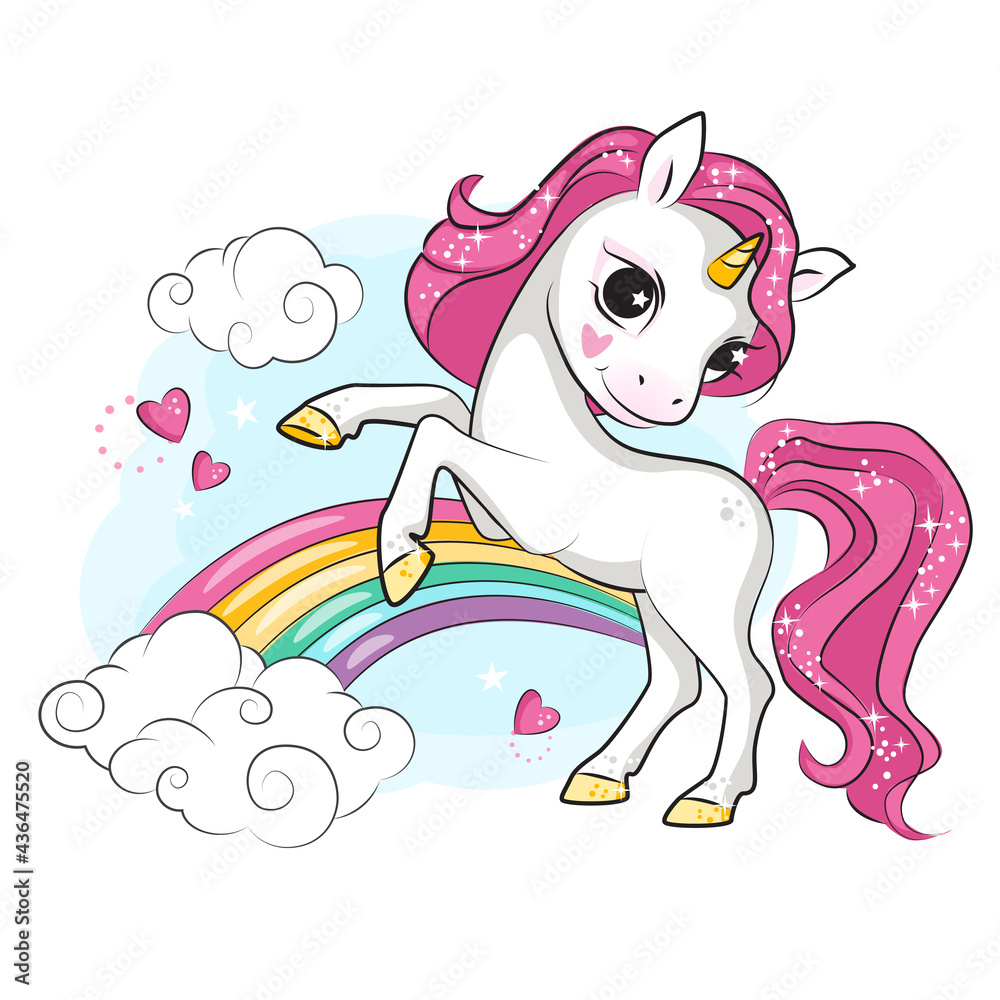 Little unicorn with pink mane.Rainbow and clouds.Beautiful picture for your design. 