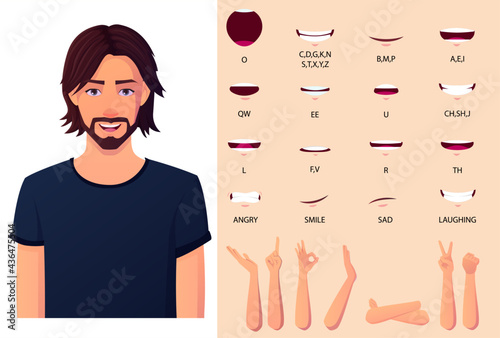 Man with strait shag hair mouth animation set and lip-syncing set, and hand gestures. Premium Vector File.