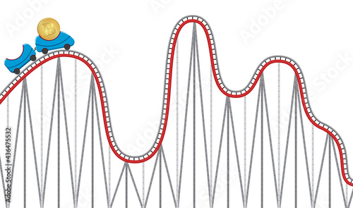 Vector illustration of cryptocurrency on a roller coaster. Instability and currency depreciation