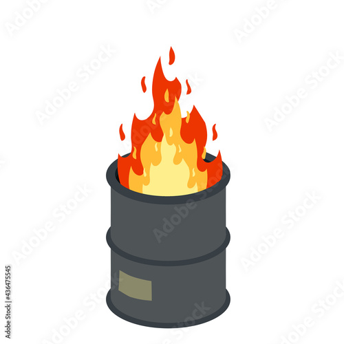 Burning barrel. Trash can and fire. The problem of urban Homelessness and poverty. Flat cartoon isolated on white