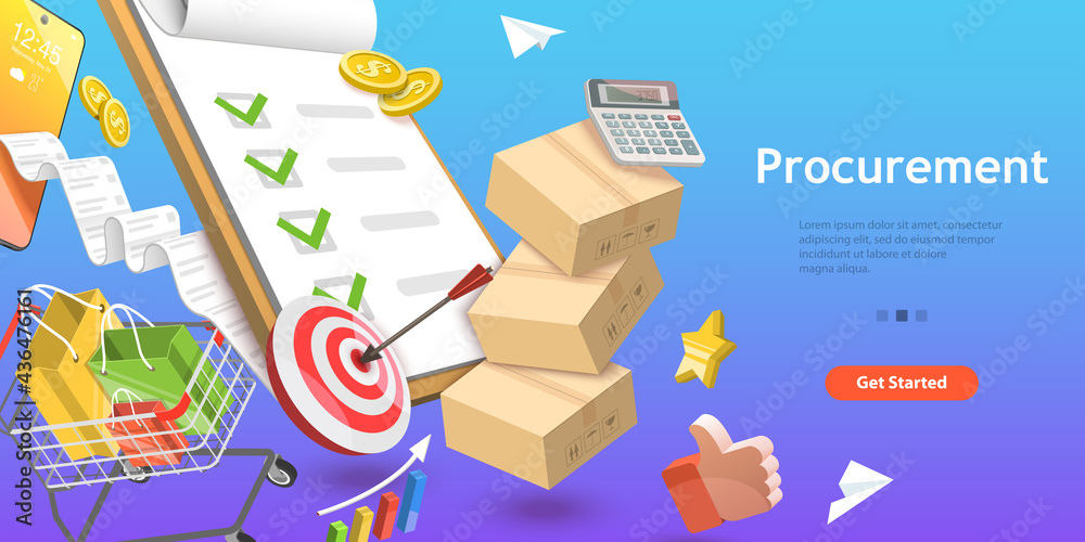 3D Isometric Flat Vector Conceptual Illustration of Procurement, Process of Finding and Agreeing to Terms, Purchasing Goods or Services