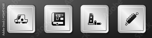 Set Collimator sight, Book with pistol gun, Gun magazine and bullets and Trap hunting icon. Silver square button. Vector