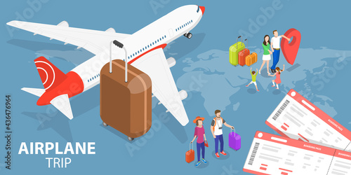 3D Isometric Flat Vector Conceptual Illustration of Airplane Trip, Travelling by Plane