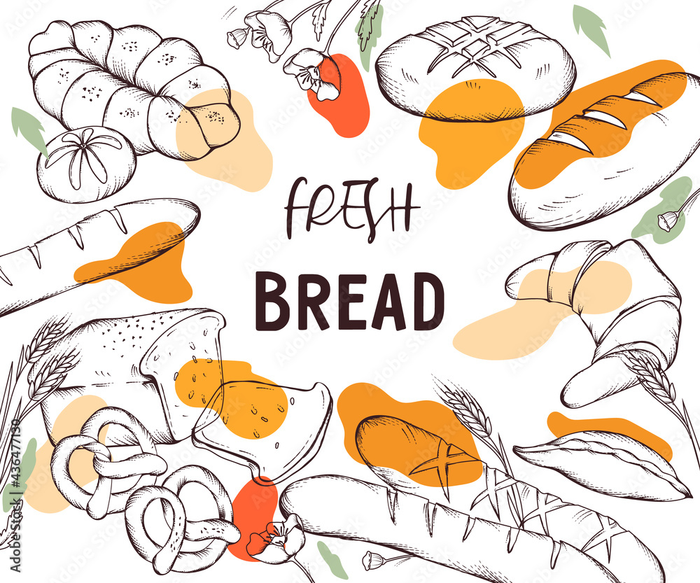 Banner or card backdrop with bread and bakery items, hand drawn engraving style vector illustration isolated on white background. Fresh bread, loaves and cakes with decorative colour stains. Banner or card backdrop with bread and bakery items, hand drawn engraving style vector illustration isolated on white background. Fresh bread, loaves and cakes with decorative colour stains.