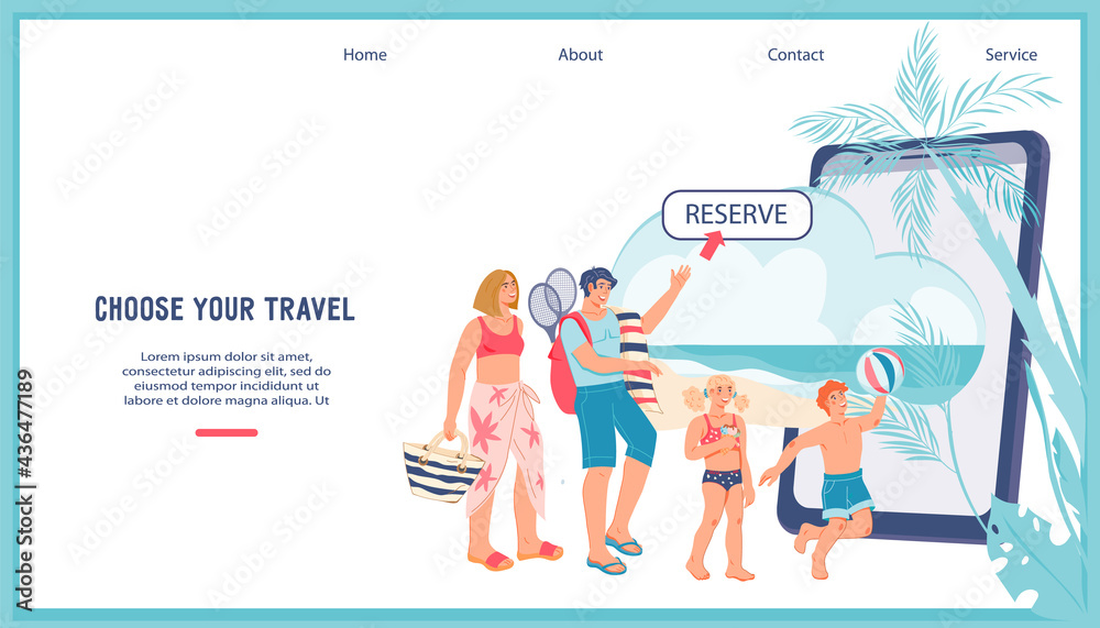 Online Booking tickets and hotels website banner template with family arranging vacation via mobile phone app. Traveling and vacation booking webpage, flat vector illustration.