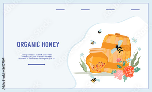 Organic honey website banner template with barrel and jar of honey, flat vector illustration. Landing page and website interface for honey and beekeeping production.