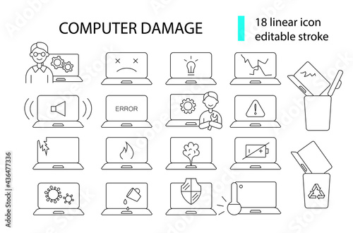 Computer problems outline icons set. Computer damage. Computer repair wizard