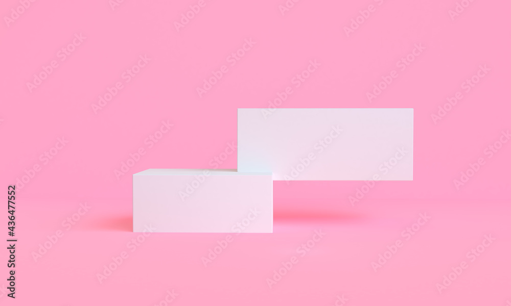 Minimal white geometry Abstract shape mock up with podium for product display on pink background, 3D Render