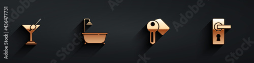 Set Martini glass, Bathtub with shower, Hotel door lock key and Door handle icon with long shadow. Vector