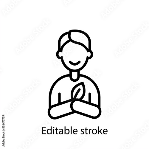 Man ecologist with leaf outline icon. Customizable linear contour symbol. Editable stroke