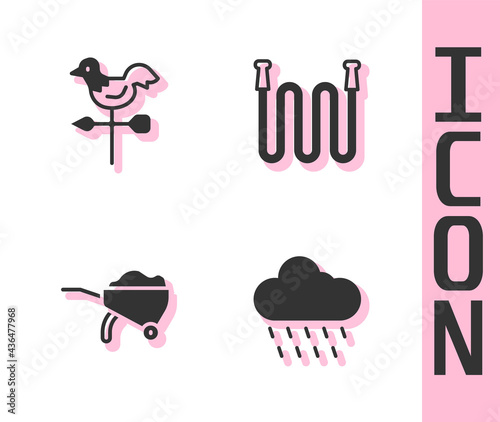 Set Cloud with rain, Rooster weather vane, Wheelbarrow dirt and Garden hose icon. Vector