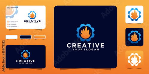 heating and cooling repair logo with gear and fire concept design and business card