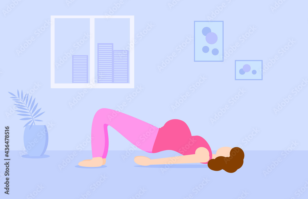 Faceless pregnant woman in yoga pose. Flat character. Pink and blue color