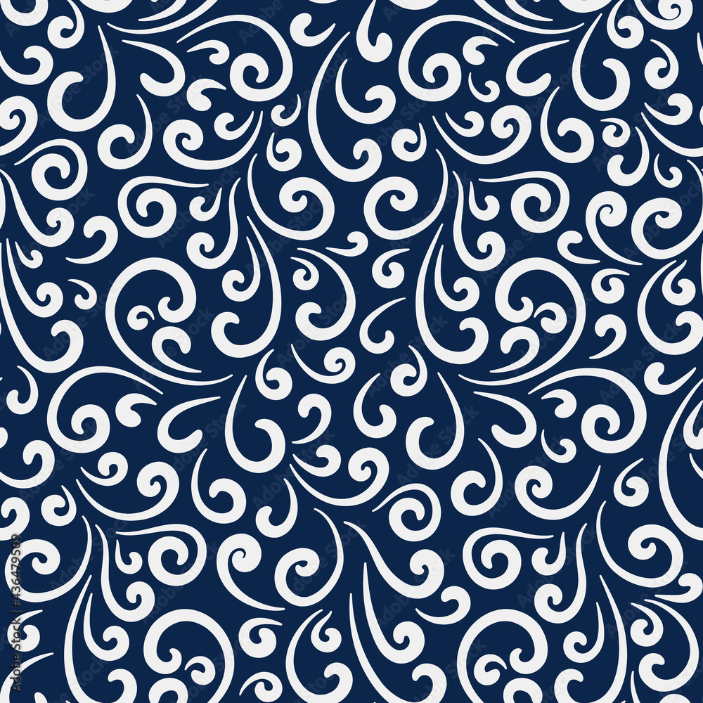 Abstract floral seamless pattern with white swirls, curly scrolls ornament on dark blue background 